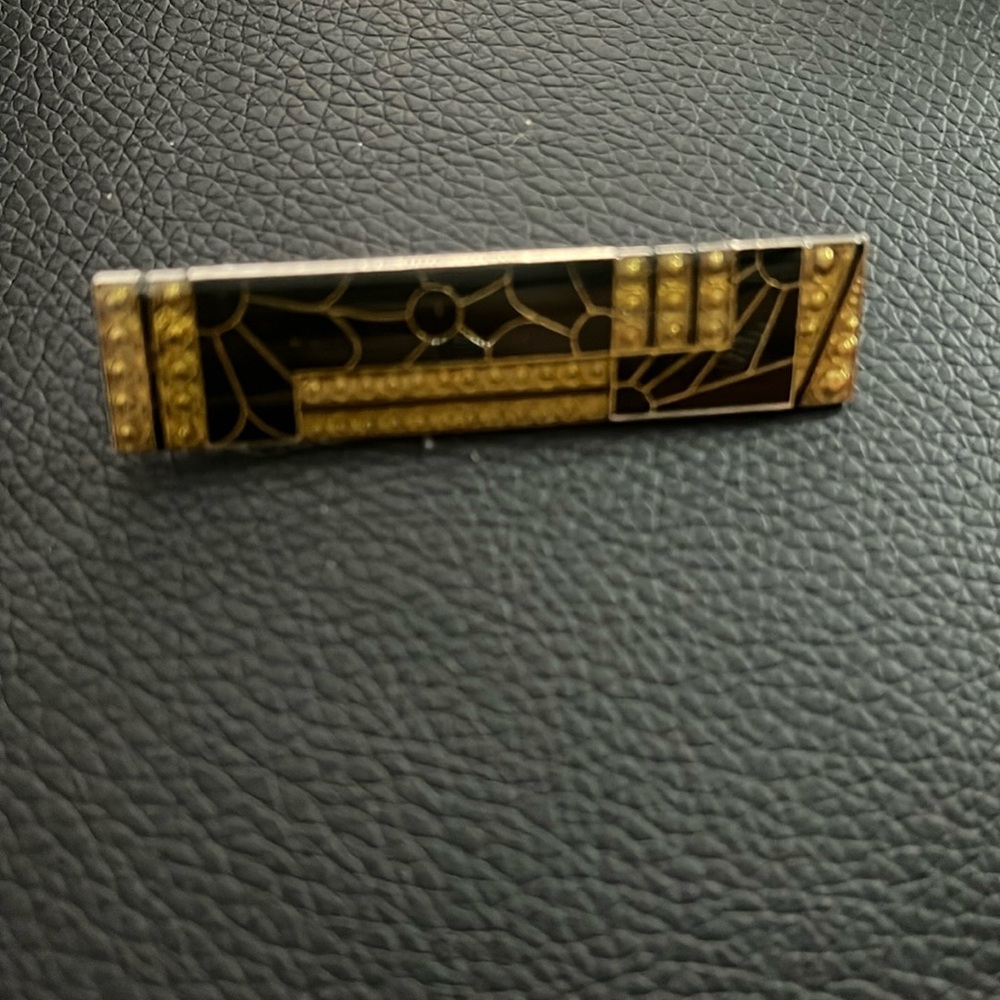 Vintage Art Deco Pierre Bex Style Geometric Enamel Black GOLD Bar Pin Brooch